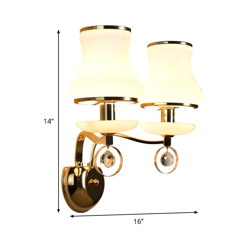 White Glass Flared Sconce Light Modernist 2 Bulbs Wall Mounted Lighting in Gold with Metal Arm