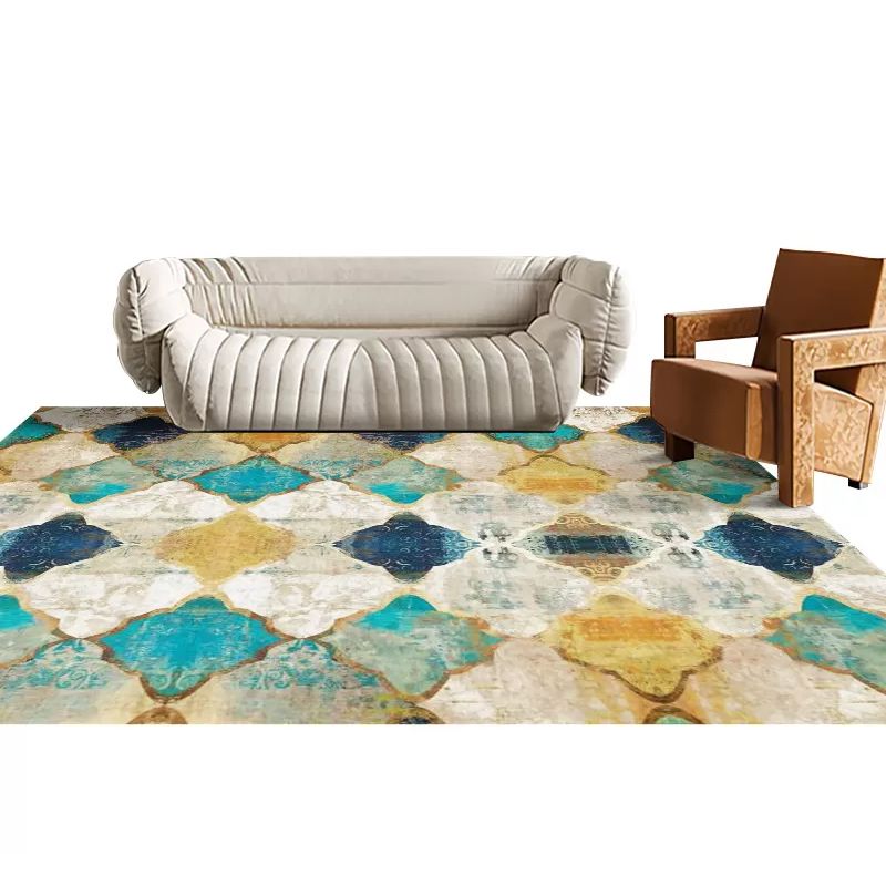 Contemporary Living Room Rug Multi Colored Geo Pattern Carpet Polyster Anti-Slip Backing Easy Care Rug