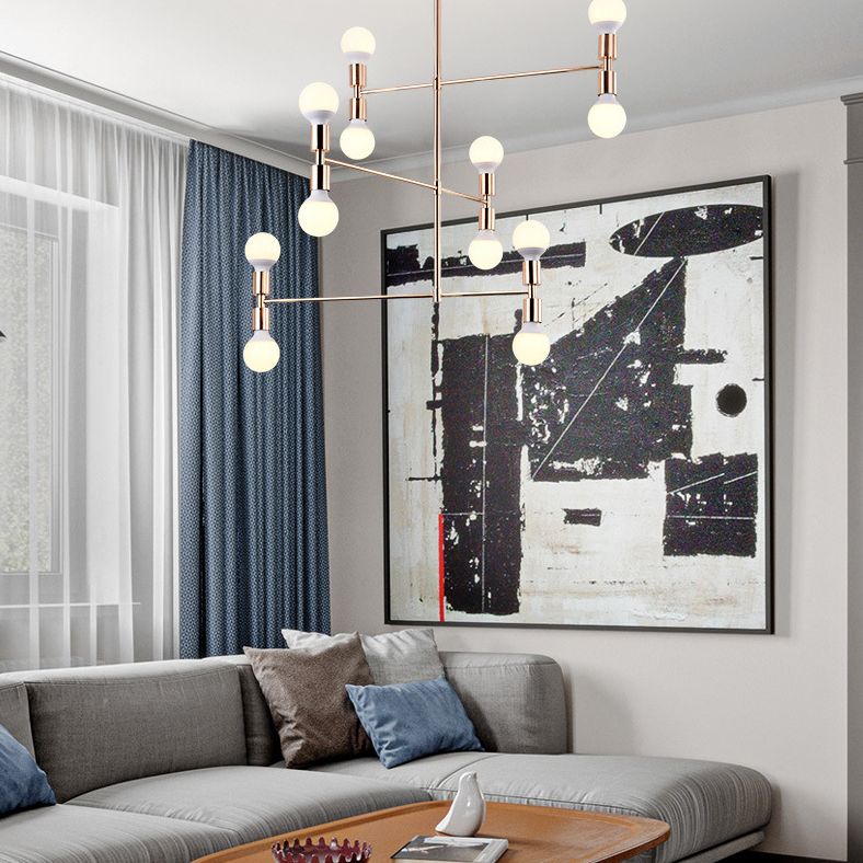 Postmodern 3-Arm Chandelier Metallic 12-Bulb Living Room Hanging Lamp with Shadeless Design