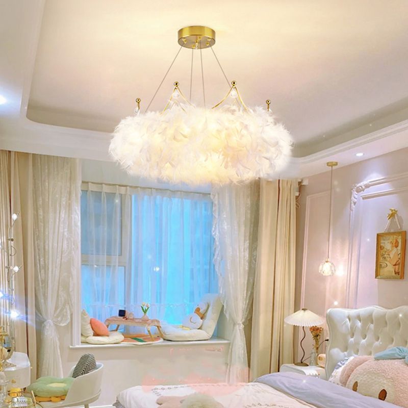 Crown kroonluchter lamp Moderne 1-licht witte kroonluchter verlichtingsarmaturen met verenschaduw