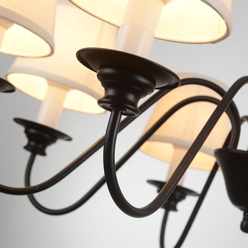 Black Candle Chandelier Rustic Fabric Restaurant Hanging Light with Tapered Fabric Shade
