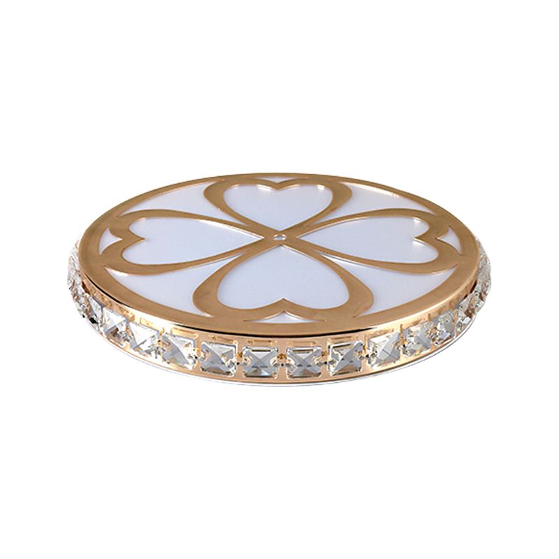 Round Flush Mount Lighting Modern Clear Faceted Crystal LED Close to Ceiling Lamp in Gold with Clover Design, Warm/White/Multi Color Light