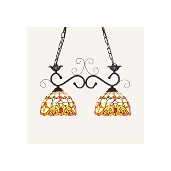 Dome Stainless Glass Pendant Light Tiffany Style 2 Lights Black Finish Island Lighting Fixture with Sunflower/Baroque Pattern