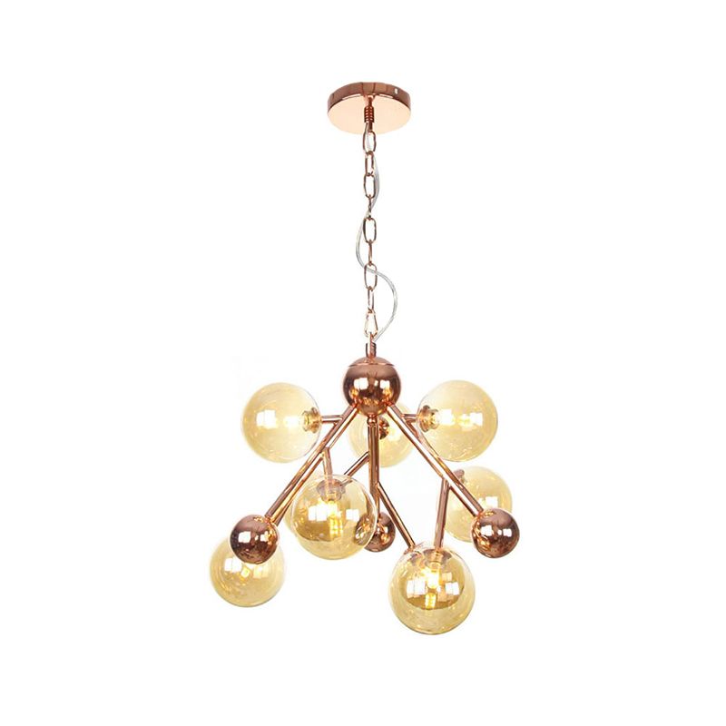 Spherical Living Room Chandelier Light Amber Glass 9 Heads Modern Ceiling Suspension Lamp