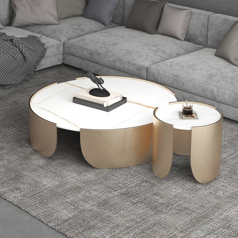 Modern Style White/black Rock Slab Top Round Metal Craft Coffee Table