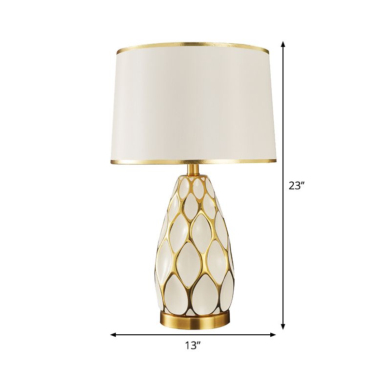 Éclairage de Table à tambour en céramique, lampe de nuit blanche moderne à 1 ampoule avec abat-jour en tissu pour le salon