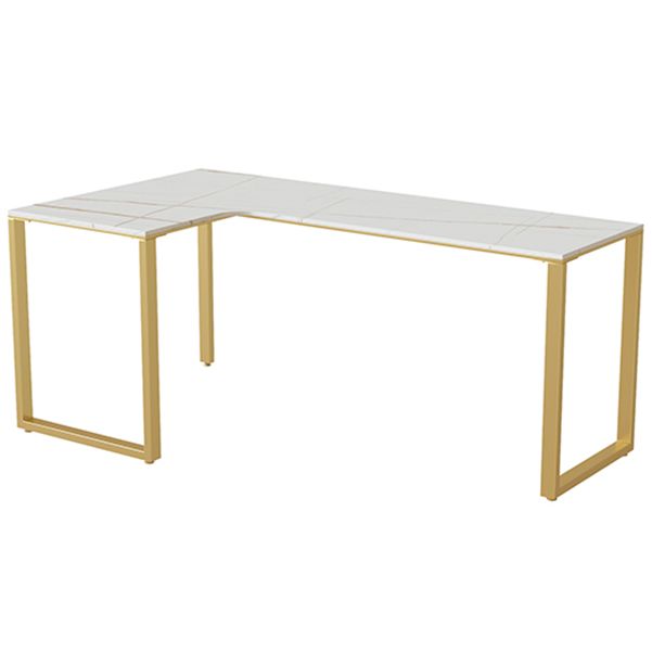Glam Sintered Stone Desk L-Shape Bedroom White Writing Desk with Gold Steel Leg