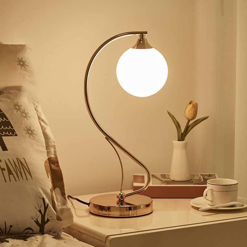 Satin Opal Glass Ball Table Lamp Contemporary Gold Finish Nightstand Light for Bedroom
