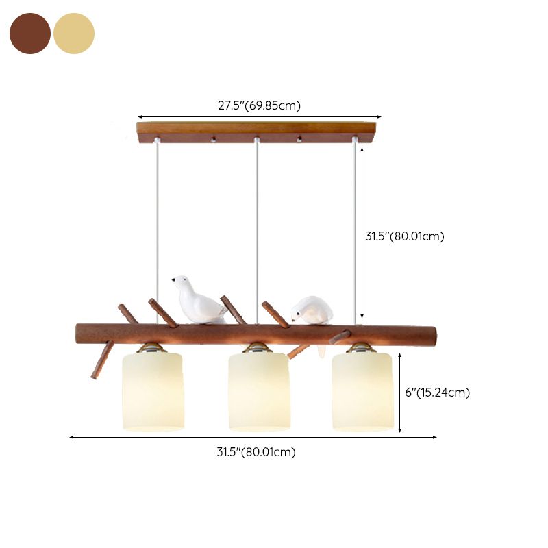 Modern Wood Pendant Light Cylinder Shape Island Light with Glass Shade for Bedroom