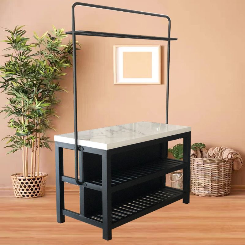 Modern Rectangular Faux Marble Kitchen Island Table with Pot Rack