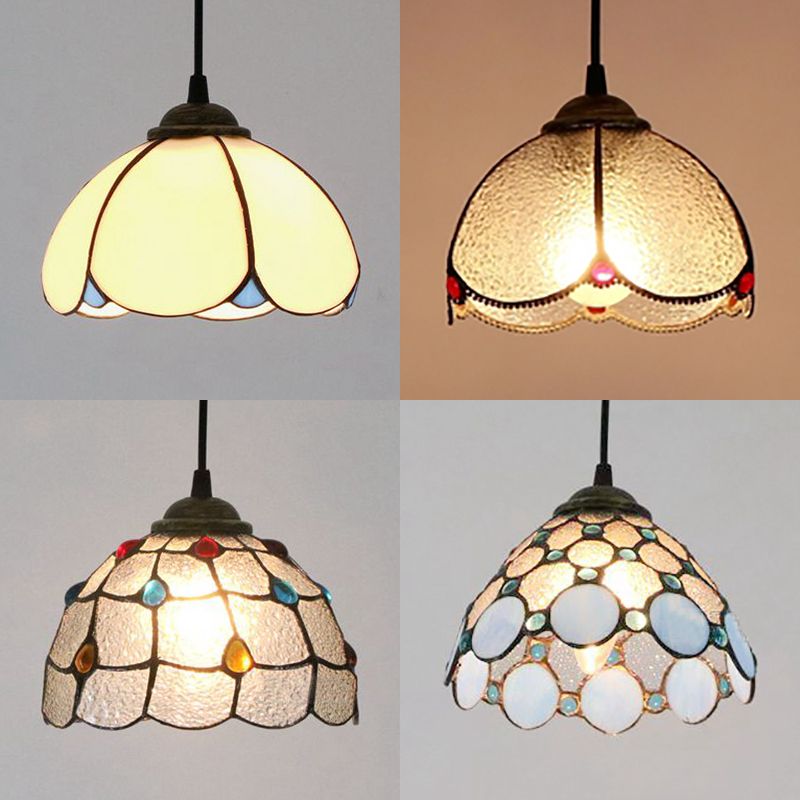 Wide Flare White/Blue/Textured White Handcrafted Art Glass Ceiling Light Tiffany-Style 1 Head Suspended Lighting Fixture