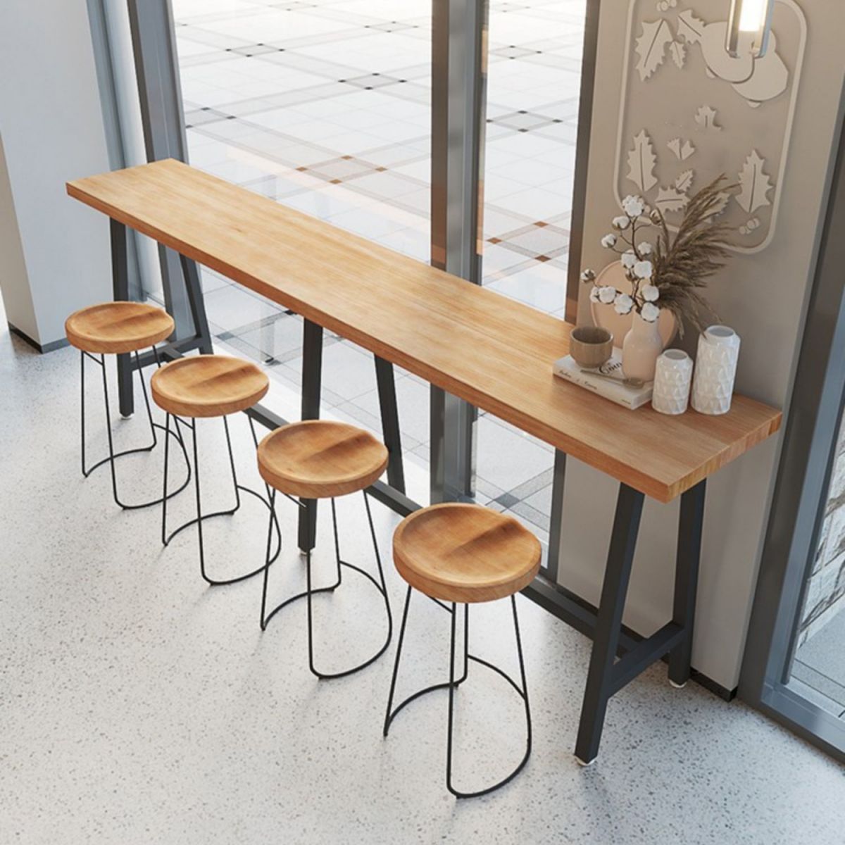 Modern Wood Bistro Bar Table with Rectangle Table Top Black Trestle Table - 42" H