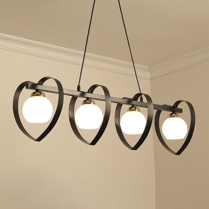 Opal Glass Global Island Lighting Contemporary 3/4 Luci bianca/Nera Lampada a soffitto appesa con telaio cardiaco amorevole