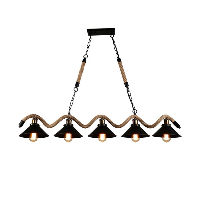 Colgante de islas negras de metal ligero de la isla industrial con cuerda natural para restaurante