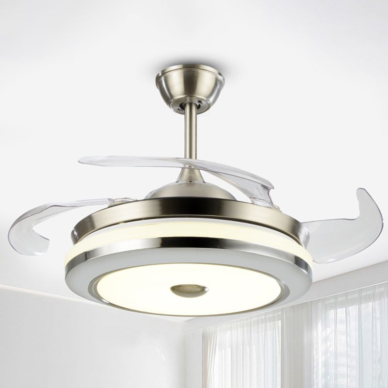 Circular Semi Flush Light Fixture Simple 19" Wide LED Bedroom Ceiling Fan Lamp Fixture in Silver, 4 Blades