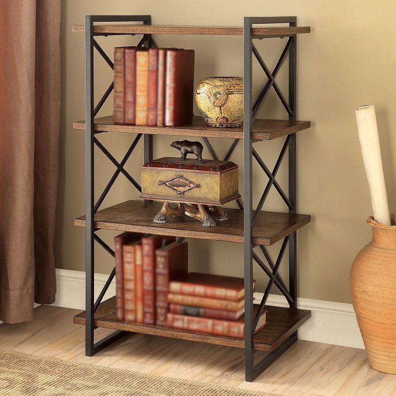 Industrial Open Etagere Bookshelf with Black Iron Frame Solid Wood Shelf