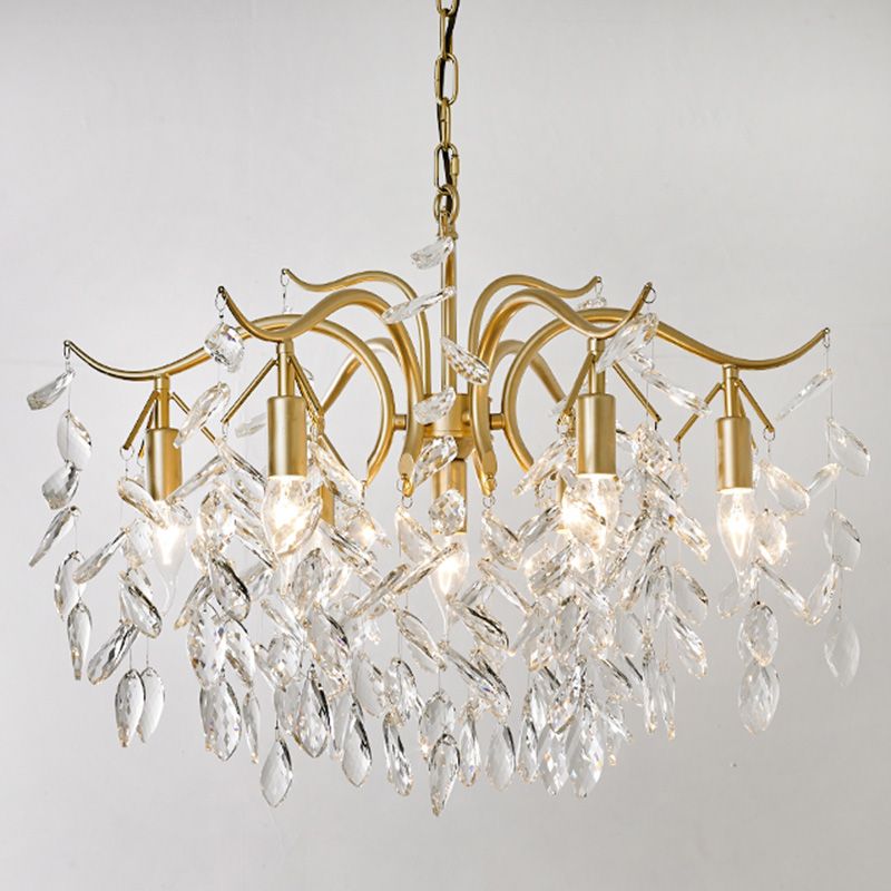 Crystal Branches Chandelier Light Fixture Rustic Living Room Pendant Chandelier in Gold