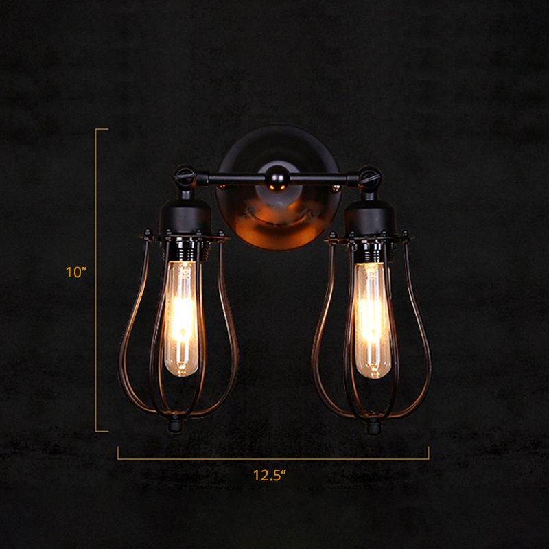 Black Bulb Shaped Cage Wall Mount Light Industrial Metal Bedroom Sconce Lamp with Pivot Joint