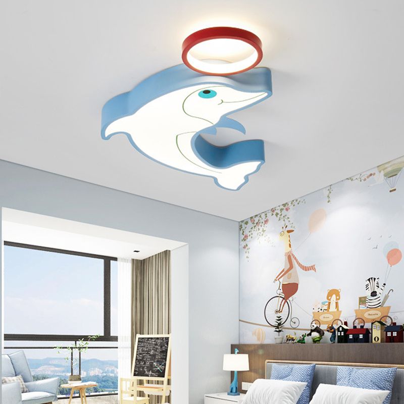 LED-Pendelleuchte im modernistischen Stil mit Acrylschirm, blauer Delphin, nah an der Decke, für Kinder, 14"/16,5" Breite