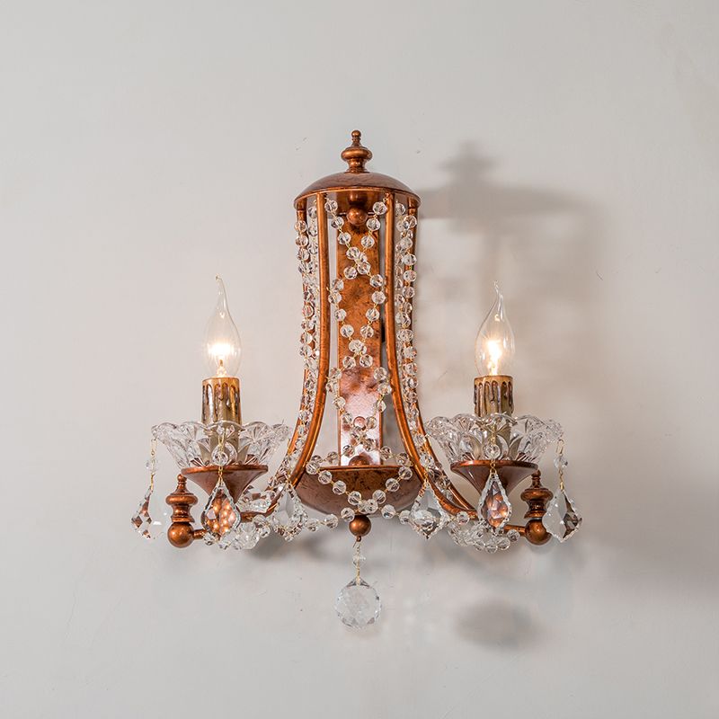 2 Heads Candle Wall Mount Light with Crystal Beaded Strand French Country Sconce Light in Weathered Copper