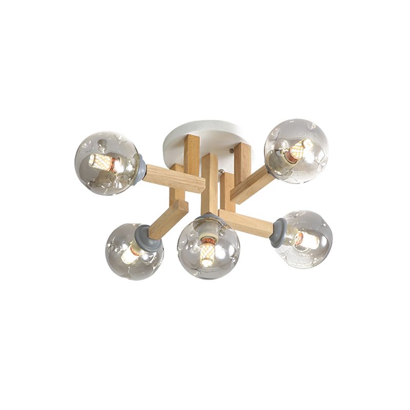 Modernism Globe Semi Flush Light Fixture Smoke Gray Glass 5/7 Bulbs Bedroom Ceiling Mounted Lamp with Bended Wood Arm