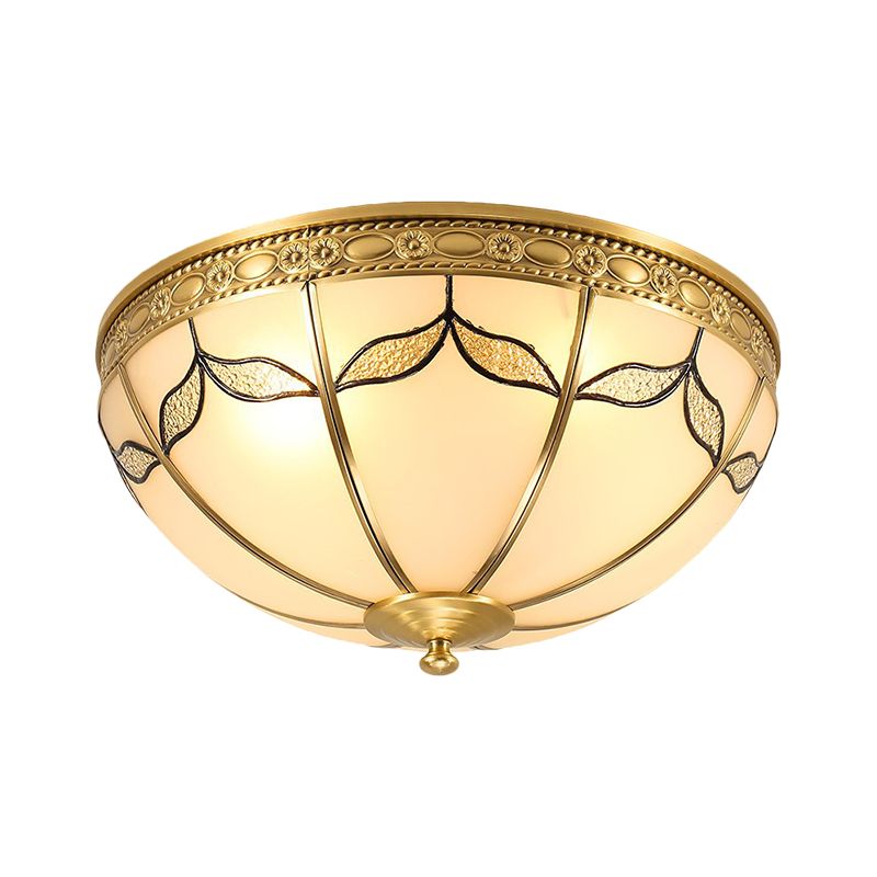 14"/18" W Countryside Domed Flush Lamp 3/4 Lights Milky Glass Ceiling Mounted Fixture with Leaf Pattern in Brass