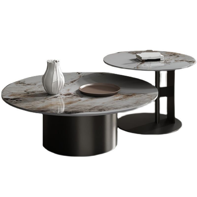 Modern Round Slate Cocktail Table Stainless Steel Pedestal Coffee Table