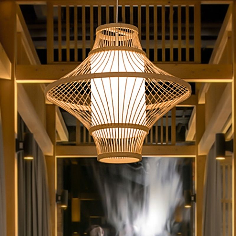 Flying Saucer Bamboo Ceiling Light Asia 1 Head Wood Suspended Lighting Fixture with Cylinder White Parchment Shade