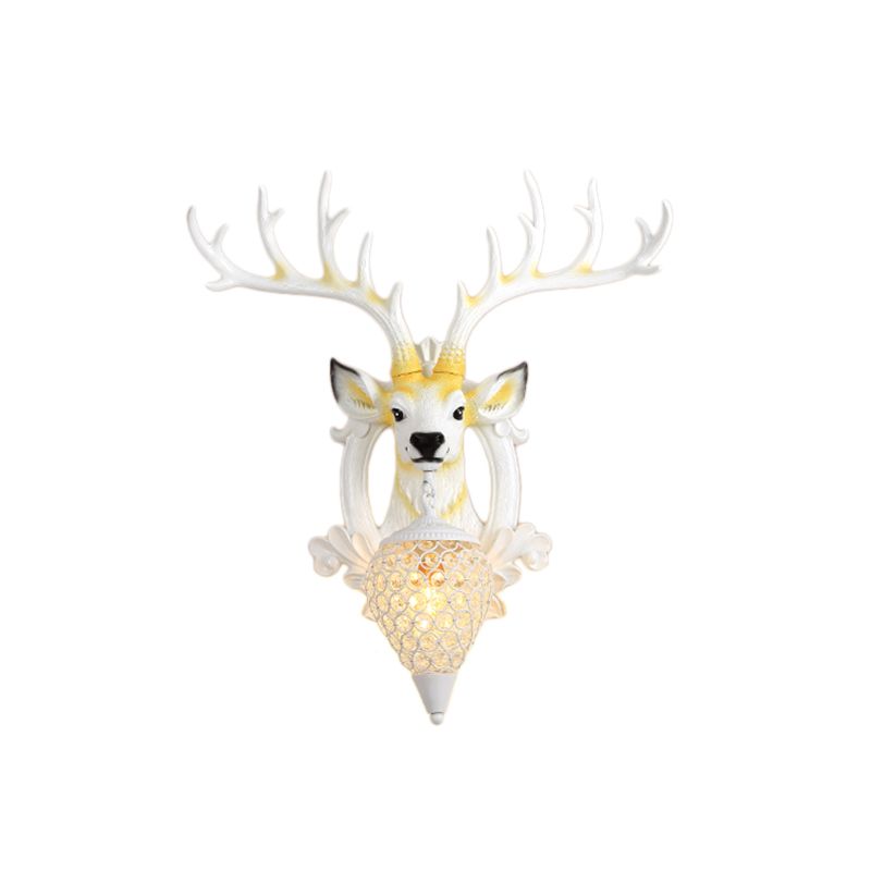 Crystal Ball Shade Wall Lighting with Elk Backplate 1 Light Countryside Sconce Light Fixture in White/Gold