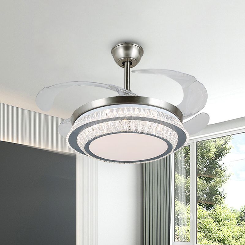 19 "breit gestufte Kristall Halbflush Mount Leichte LED Silber Hanging Lüfterlampe mit 4 Klingen