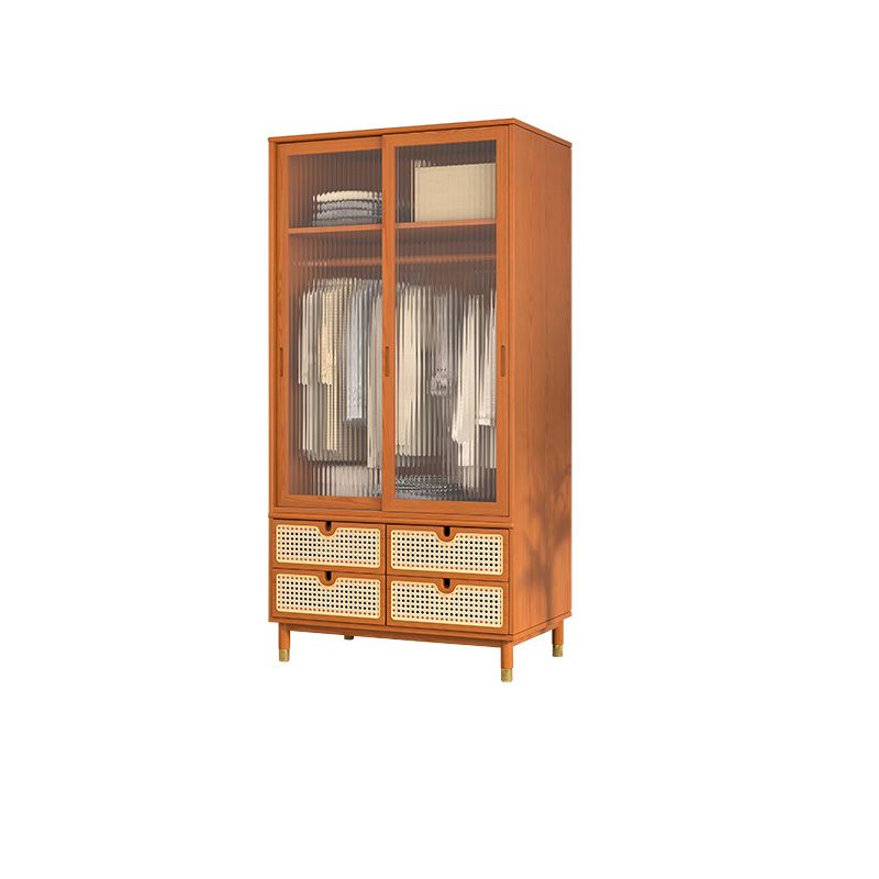 Contemporary Solid Wood Wardrobe Cabinet 2 Sliding Doors Sliding with Drawer