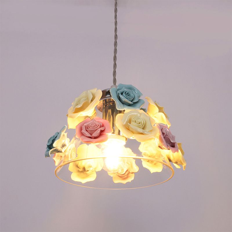 Transparant glas conische hangende lamp Modernistisch 1-licht plafond hanglamp met blauw-roze gele bloemdecor