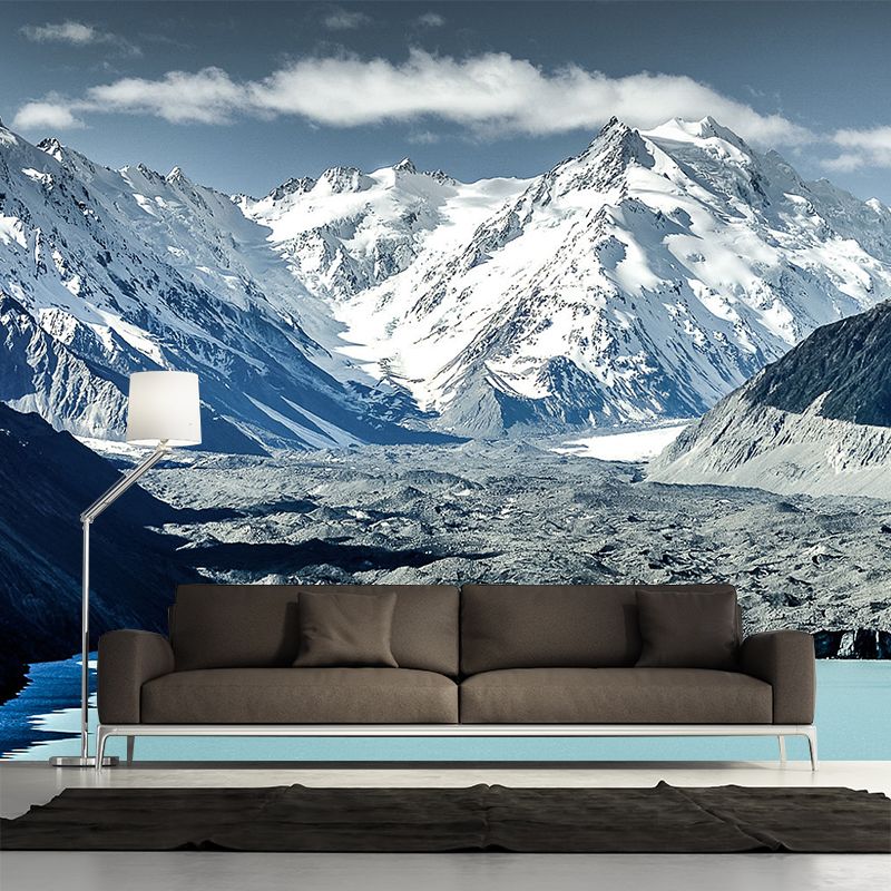 Modern Snow Mountain Scenery Mural Non-Woven Waterproof Grey-White Wall Art for Home