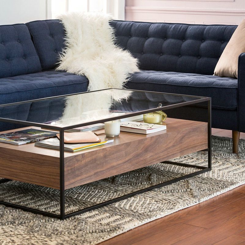 17.7" H Modern Rectangle Glass Coffee Table Metal Frame Cocktail Table with Storage