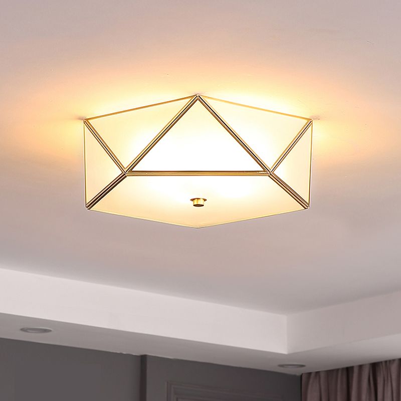 Lámpara de techo geométrica de cobre, montaje empotrado de vidrio esmerilado de estilo colonial para dormitorio