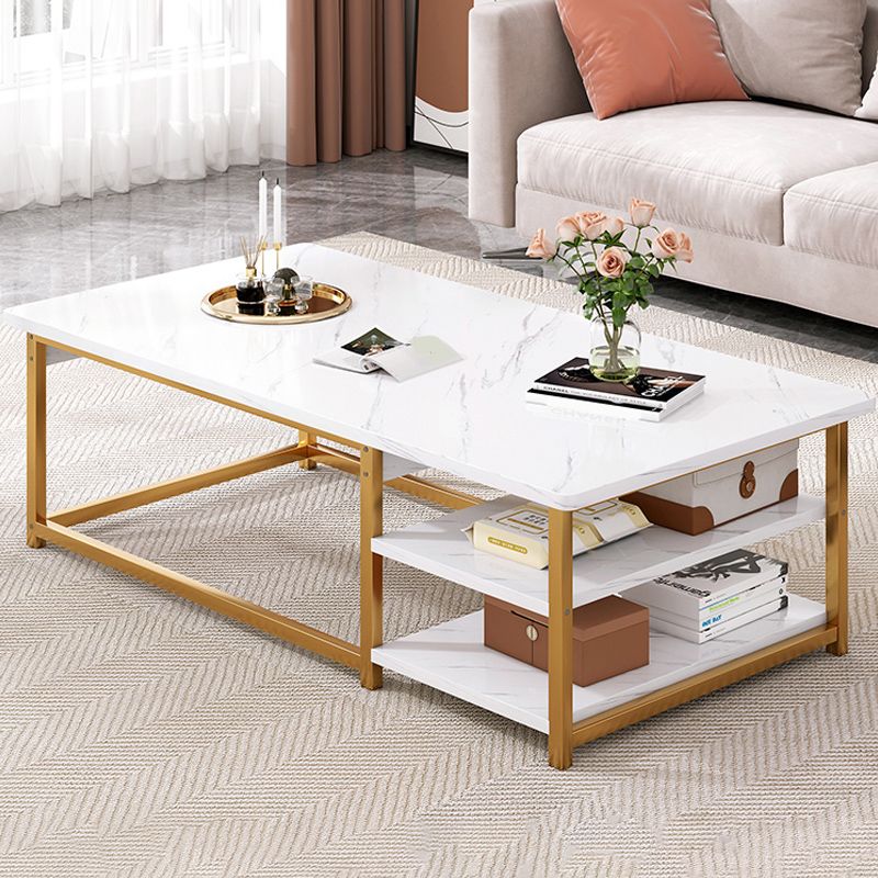 16.53" H Rectangle Wooden Coffee Table Metal Frame Cocktail Table with Shelves