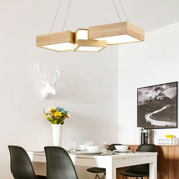 Wooden Square Island Lighting Fixture Modern Style LED Wood Hanging Ceiling Light