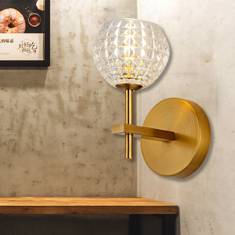 1/2-Light Wall Sconce Modern Orb Clear Grid Glass Sconce Light with Clean-Lined Arm in Gold for Hallway