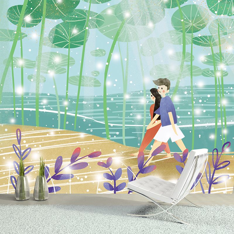 Lover Under Lotus Leaf Mural Childrens Art Smooth Wall Covering in Green, Non-Woven