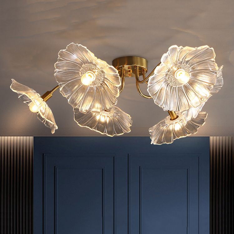 Lámpara de semi rascijada de metal dorado iluminación de techo de flores múltiples modernas con sombra de vidrio