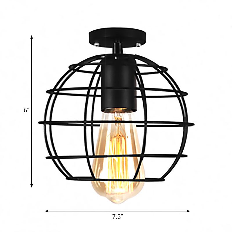 Global/Barrel Iron Semi Flush Mount with Wire Guard Farmhouse Style 1 Light Coffee Shop Ceiling Light in Black