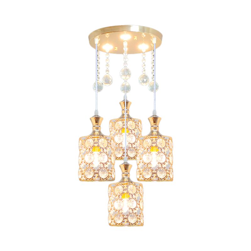 Gold Cylindrical Multiple Hanging Lamp Modernist 4 Heads Crystal-Encrusted Pendulum Light with Ball Droplet