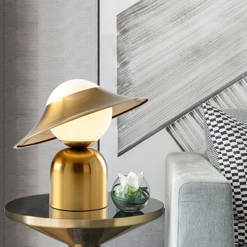 Gold Hat Shaped Table Light Postmodern Style 1 Bulb White Glass Night Stand Lamp