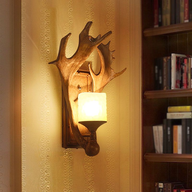 Antler Resin Wall Mount Light Retro 1-Light Study Room Wall Lighting with Frosted Glass Shade in Brown
