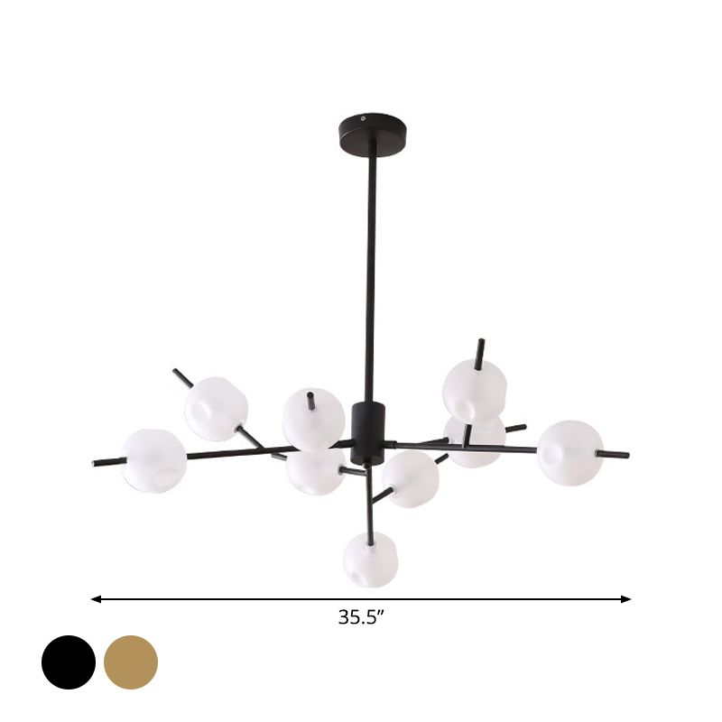 Modern Branch Chandelier Lamp Metal 9/12 Bulbs Bedroom Suspension Light in Black/Gold with Ball Acrylic Shade Insert