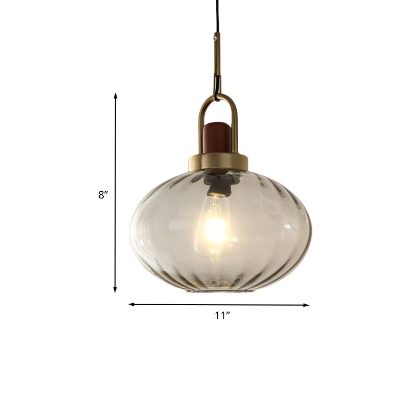 1 Light Bedroom Pendant Simple Brown and Gold Hanging Lamp with Oval Smoke Gray Water Glass Shade