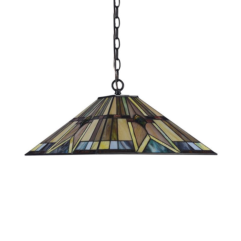 Tiffany Rhombus/Shell Ceiling Lamp 1 Head Brown Stained Art Glass Hanging Pendant Light for Dining Room