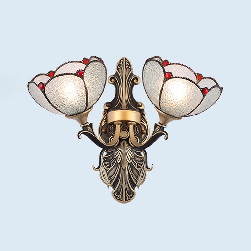 2 Lights Wall Mounted Light Mediterranean Dome/Flower Stained Art Glass Sconce in Red/Pink/Orange for Bedroom
