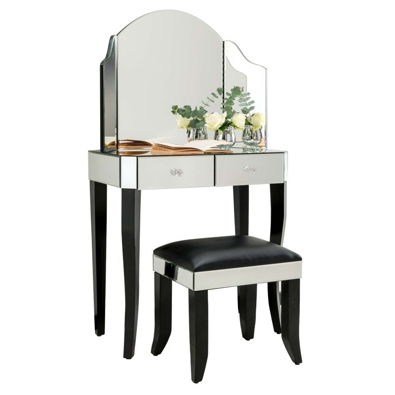 Tri-Folding Mirror Vanity Table Set 31.5" Wide 2-drawer Mirrored Vanity Desk