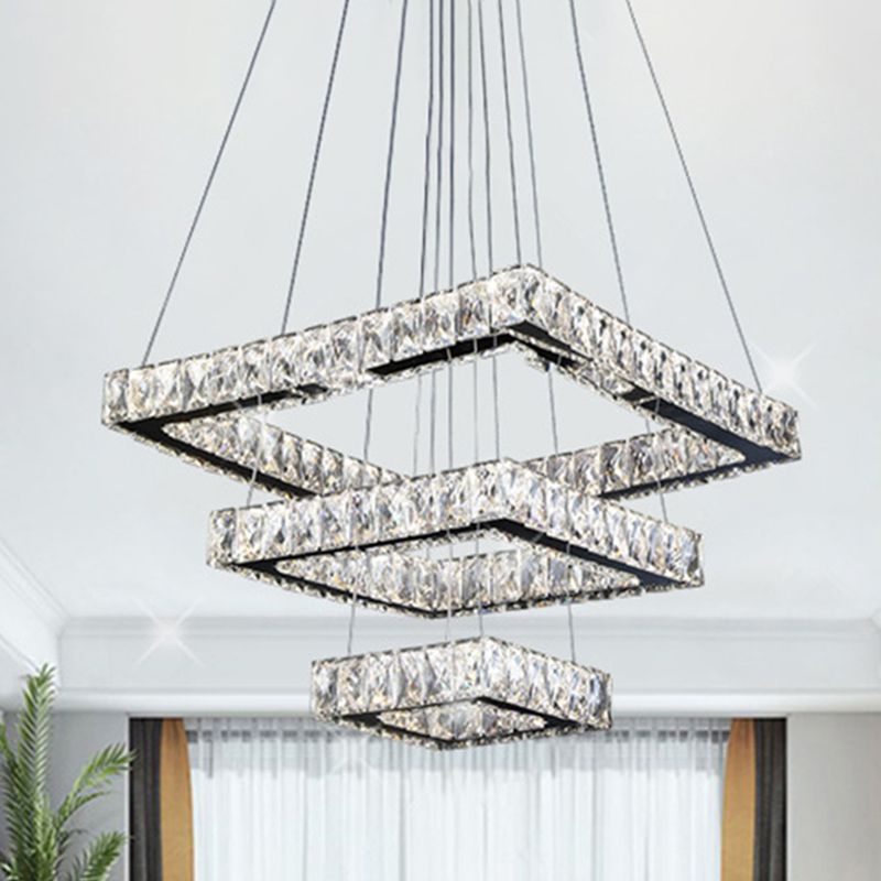 Square Ceiling Chandelier Minimalist Crystal LED Black Pendant Lighting Fixture
